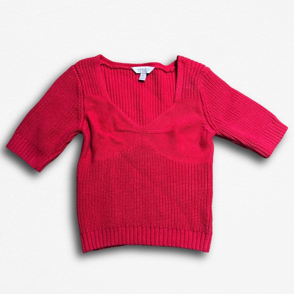 Modern‎ Supply by Sanctuary Womens Red V-Neck Ribbed Knit Short Sleeve Sweater L